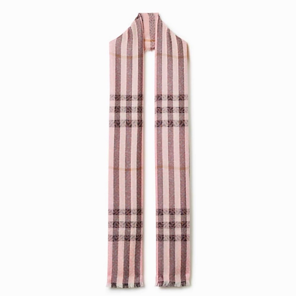BURBERRY Monogram Check Wool Silk Scarf in Alabaster Pink